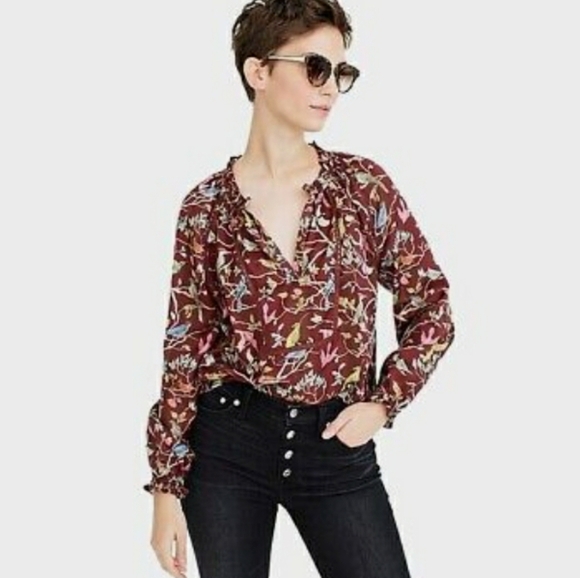 JCrew Point Sur Ruffle-Neck Popover in Menagerie Bird Print Sz Medium - Picture 7 of 7